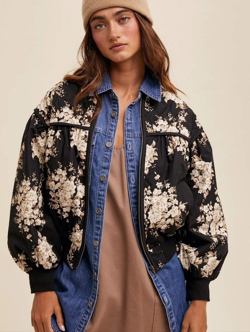 Listicle Women's Black Floral Quilted Bomber Jacket